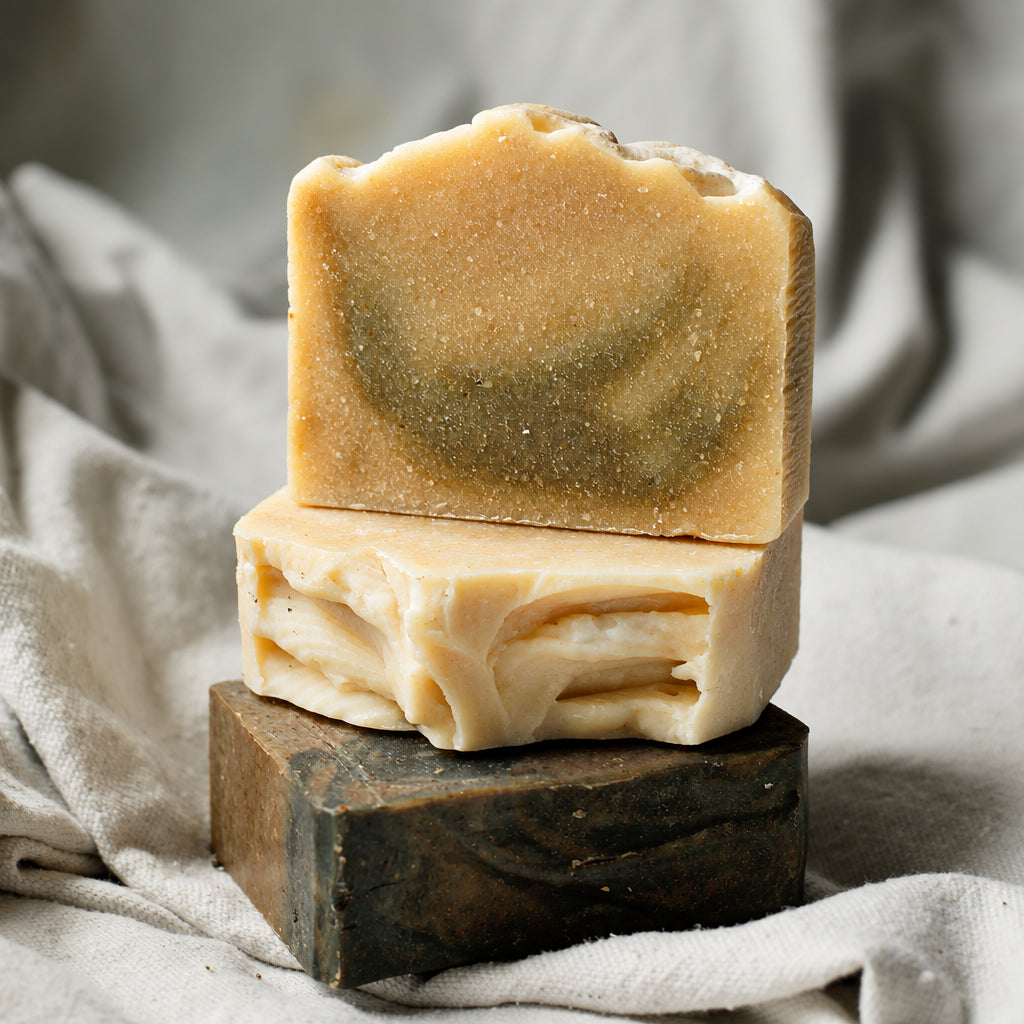 Two handmade soap bars stacked on a dark wooden block, set against a draped beige fabric background. The top bar is a warm tan color with a greenish-brown marbled center, while the bottom bar is a creamy off-white with layered swirls.