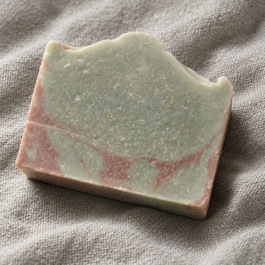 A rectangular handmade soap bar with pink and Indigo swirls, resting on a textured off-white linen cloth.