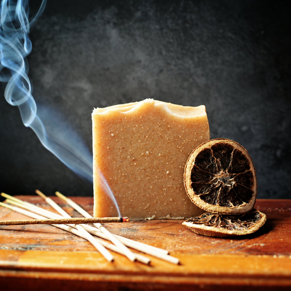A rectangular bar of natural soap in a warm tan color stands on a wooden surface, styled with a dried orange slice, incense sticks, and rising smoke against a dark textured background.